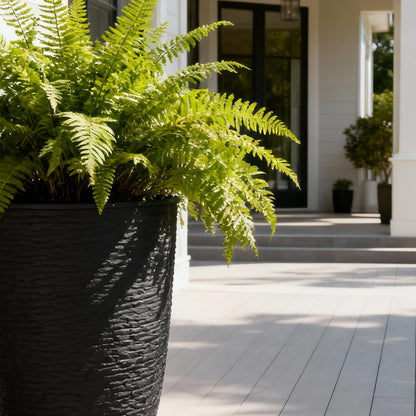 Worth Garden 2-Pack 21" H. Black Tall Planters with Inside Pots - 14'' Dia Plastic Large Round Plant Tree Pots - Decorative Imitation Stone Finish for Indoor Outdoor Front Porch Container Patio