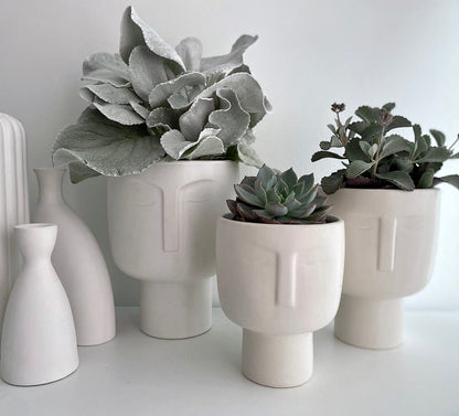 Planters for Indoor Plants - Tall 7 Inch Ceramic Self Watering Pots Matte White Plant Pot with Drainage & Inner Pot Face Vase Or Head Planter Unique Face Pots for Plants. Medium 5.5 Inch Wide