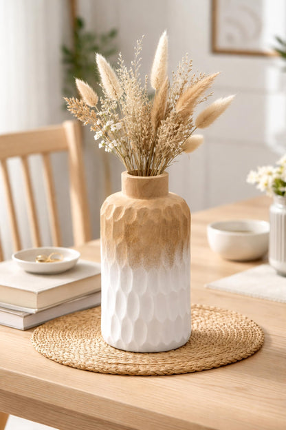 Aeravida Uniquely Etched Scales Light Brown Cylindrical Mango Tree Wooden Vase | Modern Flower Vase | Mango Tree Wooden Flower Vase | Flower Vases for Living Room (White-Brown)