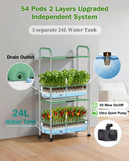 Growell Large Hydroponics Growing System Kit, 54 Pods Vertical Indoor Herb Garden Kit with LED Grow Light & Independent Water Pump, 28L Movable Indoor Planter Perfect Gardening Gifts (2 Tier-Green)