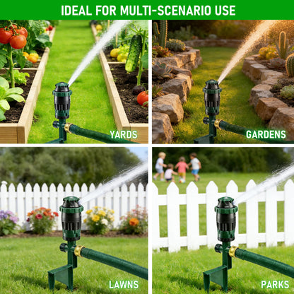 LIULO TOOL 2-Pack Gear Drive Sprinklers for Yard, 360 Degree Garden Water Sprinkler Head on Spike Base with 3/4 Inch Adapters, 5 Modes Adjustable Irrigation Tool for Large Area Yard Lawn Garden