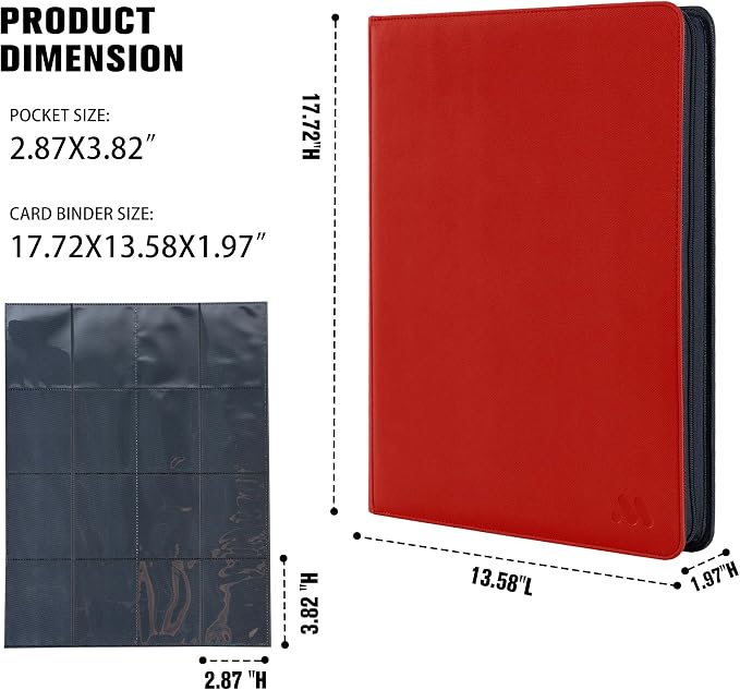 Card Binder 16 Pocket,Trading Card Binder Hold up to 1408 Cards with 44 Sleeves,Zipper Card Holder Album Compatible with TCG Card/Game Cards/Sports Card-Red