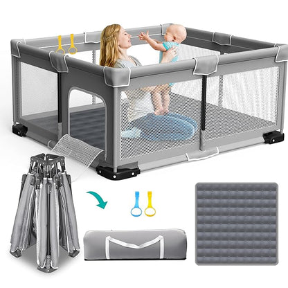 ICAREWAY Foldable Playpen for Babies and Toddlers, 71"x59" Inches Portable Playpen with Mat, Kids Collapsible Play Pen with 2 Handlers, Indoor & Outdoor Baby Play Area with Visible Mesh (Light Gray)