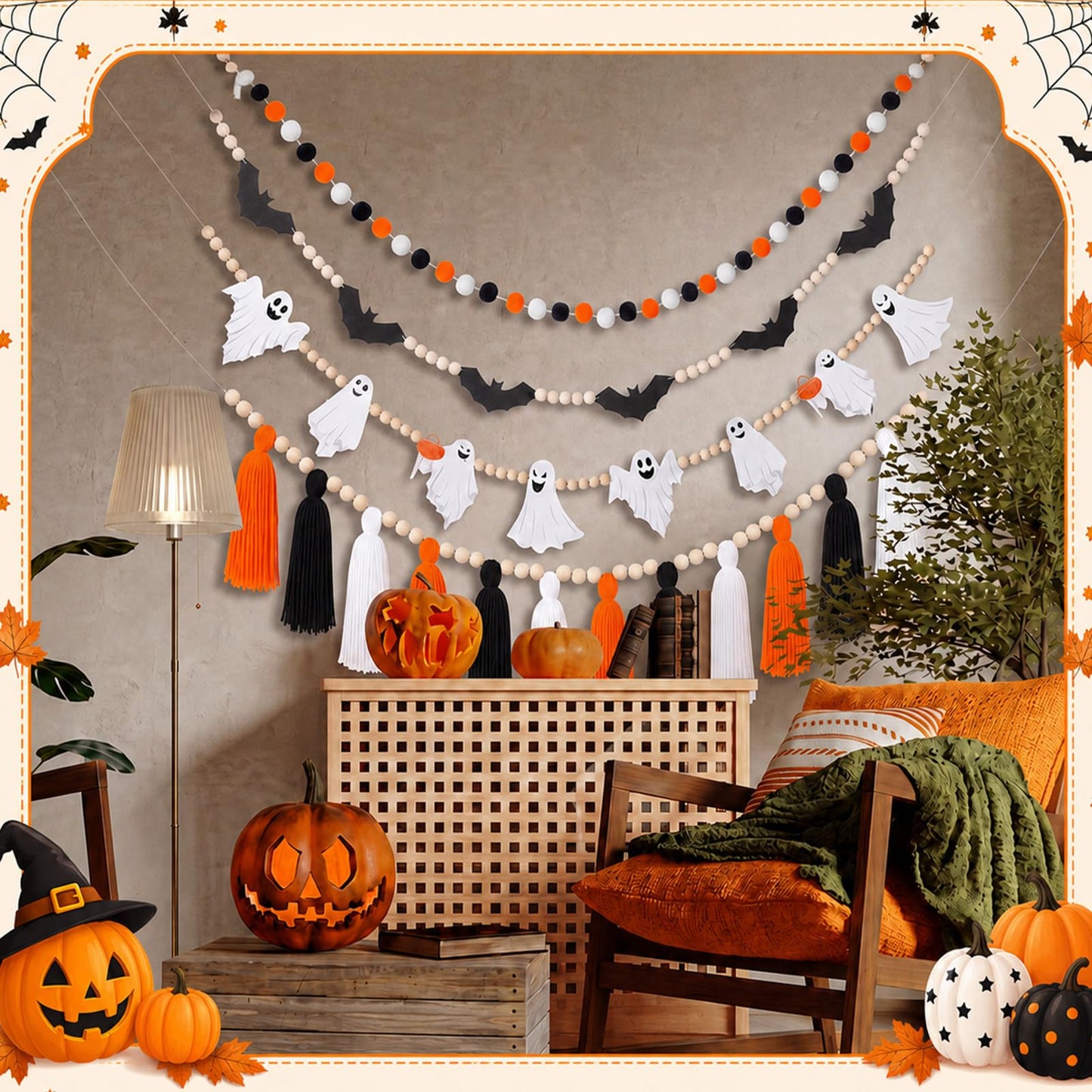 RattanView 4 Pcs Halloween Banner Set 6.6ft Wooden Bead Ghost Bat Tassel Garland Black Orange White Decor Spooky Hanging Banners Trick or Treat Garland for Halloween Home Fireplace Mantel Decoration