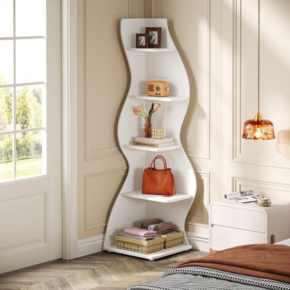 Tribesigns Wavy Corner Shelf, Modern 5-Tier Bookshelf Bookcase with Curvy Shape, Unique Plant Stand Display Rack for Living Room Small Space (White)