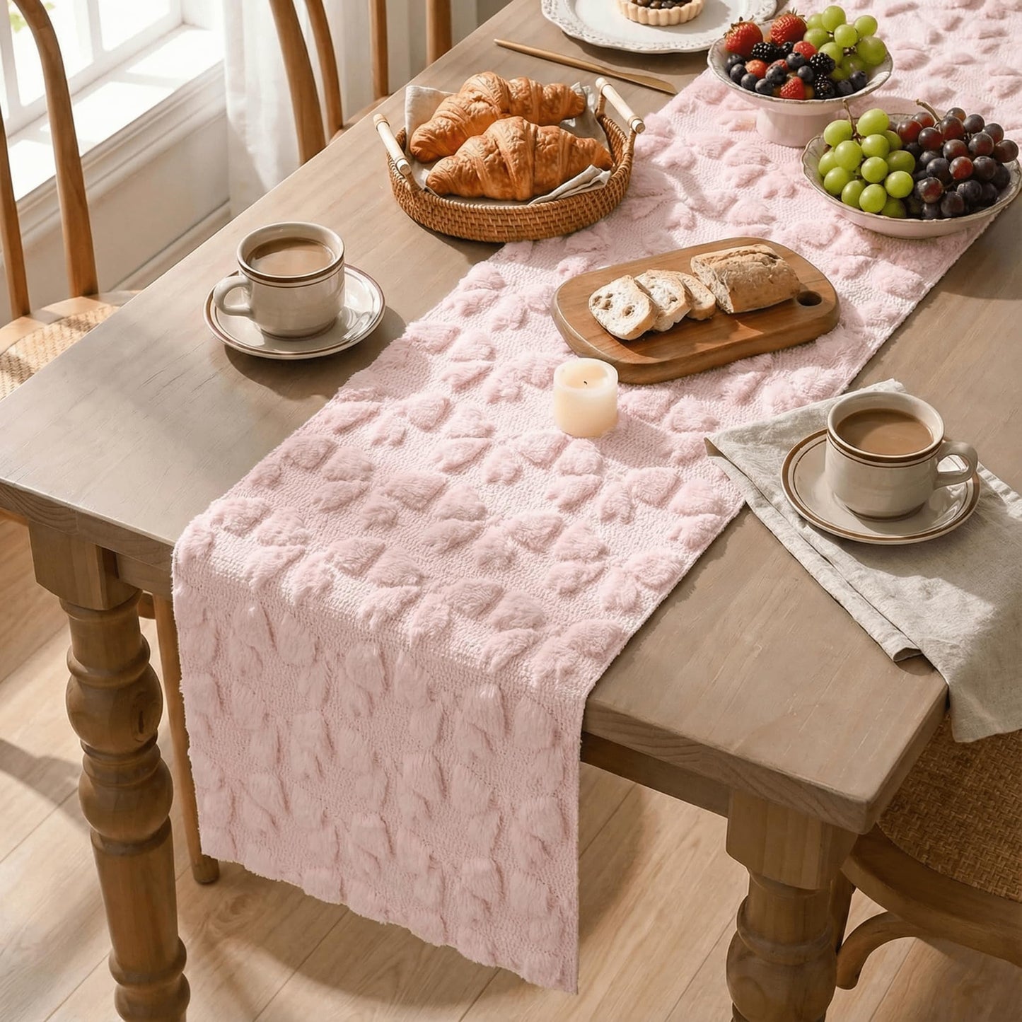 Artoid Mode Pink Soft Plush Faux Fur Jacquard Bows Table Runner, Valentine's Kitchen Dining Table Decoration for Home Party Decor 13x72 Inch
