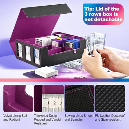 UAONO Card Storage Box for Trading Cards, 1800+ Commander Deck Box for MTG with Display Window, Toploader Card Case fits Magic TCG PTCG Sports Cards; 10 Removable Divider, 3 Stoppers (Black, Purple)