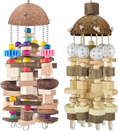 KATUMO Bird Toys, 2PCS Large Wooden Blocks & Coconut Shell Chew Toys for African Grey Cockatoo Amazon Parrots and Medium to Large Birds