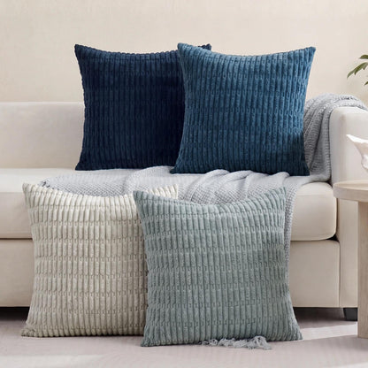 Softalker Throw Pillow Covers 18x18 Inch, Set of 4, Corduroy Soft Striped Farmhouse Boho Pillow Cover, Modern Decorative Cushion Pillow Case for Couch Sofa Bedroom Living Room, Grey/Blue