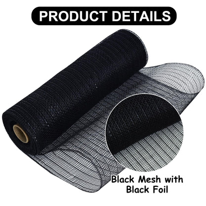 TONIFUL 2 Rolls 10 Inch Black Decorative Mesh Ribbbon Rolls, Fabric Mesh with Foil for Wreath Supplies, Front Door Wreath Crafts Tree Decor Christmas NewYears Halloween Decoration (10 yds/roll)