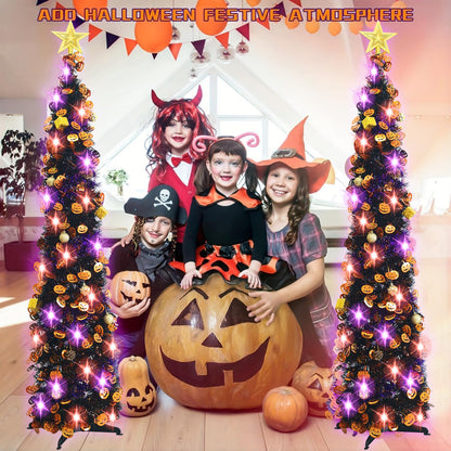 Halloween Tree Decorations with 100LED Lights 5FT Pop Up Tree with Hanging Pumpkin＆12 Pcs Ornaments, Tinsel Collapsible Artificial Pencil Tree Holiday Decoration for Home, Black Purple