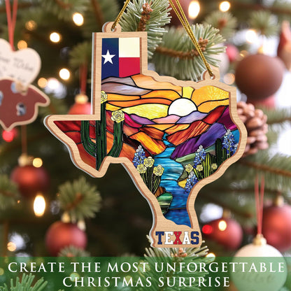 Texas Stained-Glass Look Ornament, Double-Layer Wood & Acrylic State Shape with Flag, Bluebonnets & Cactus, Christmas Ornament for Tree, Ready-to-Gift