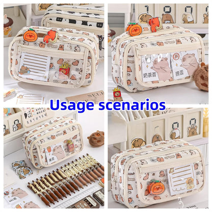 VTYFRY Cute Kawaii Pencil Case Pouch Cartoon Pen Box Holder Organizer for Office Workspace Supplies Desk Accessories Travel Essentials Aesthetic Trendy Cool Stuff Gift Large Capacity (White Kapibala)