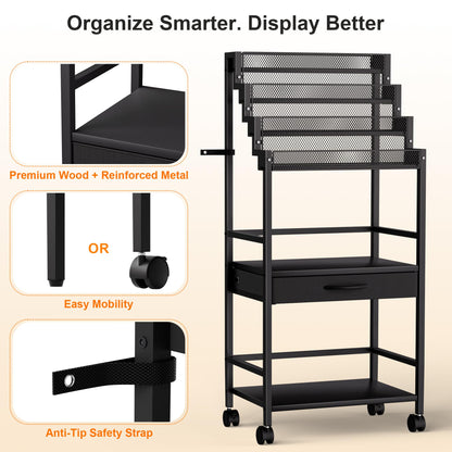 4-Tier Men's Cologne & Accessory Organizer with Drawer & Wheels, Sleek Industrial Wooden & Metal Perfume Display Rack for Cologne Bottles, Aftershave & Grooming Essentials, Multi-Functional Fragrance Storage Stand, Black