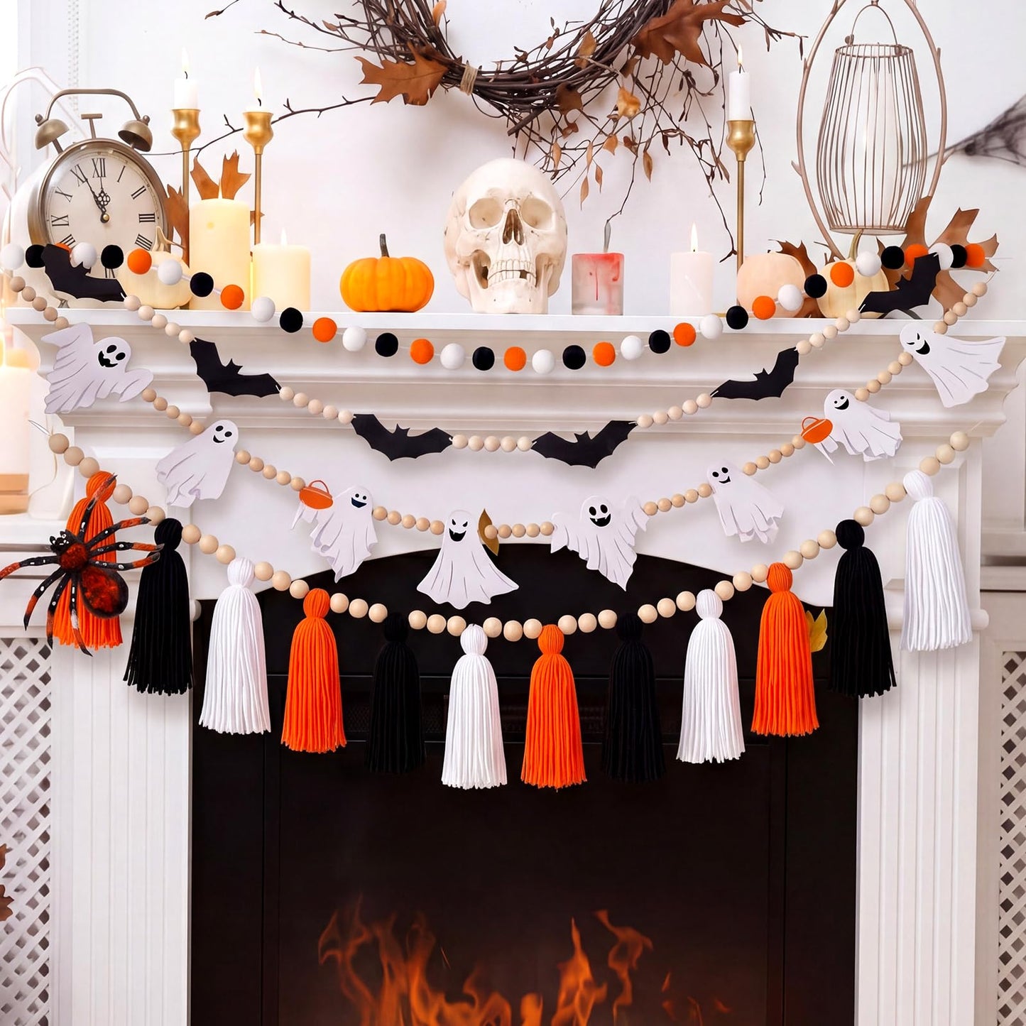 RattanView 4 Pcs Halloween Banner Set 6.6ft Wooden Bead Ghost Bat Tassel Garland Black Orange White Decor Spooky Hanging Banners Trick or Treat Garland for Halloween Home Fireplace Mantel Decoration