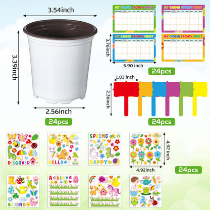Capoda 24 Sets Garden Flower Pots Crafts Kit DIY Spring Plastic Seedling Nursery Pots with Stickers Plant Labels Growth Charts Planting Growing Tools Classroom Activities Project Gifts (Round)