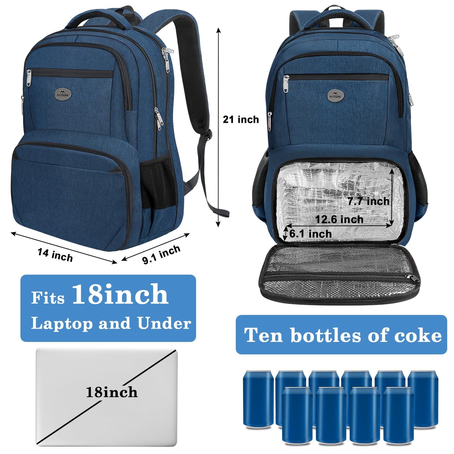 MATEIN Backpack Lunch Box, Water Resistant Mens Lunch Backpack for Work with 18 Inch Laptop Compartment, TSA Flight Approved Travel Bookbag with Luggage Strap, Extra Large Insulated Cooler Bag