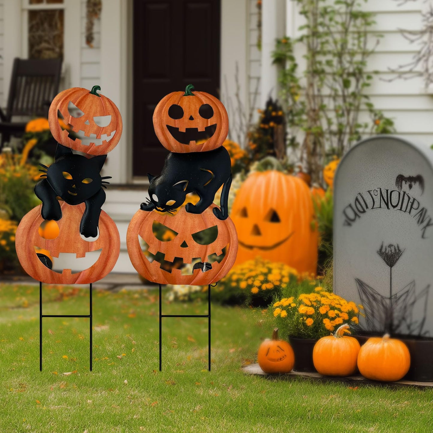 HONGLAND Halloween Decorations Solar Lights, 2 Pack Outdoor Waterproof Metal Pumpkin Stake with Black Cat Jack-o-Lantern for Yard, Garden, Pathway
