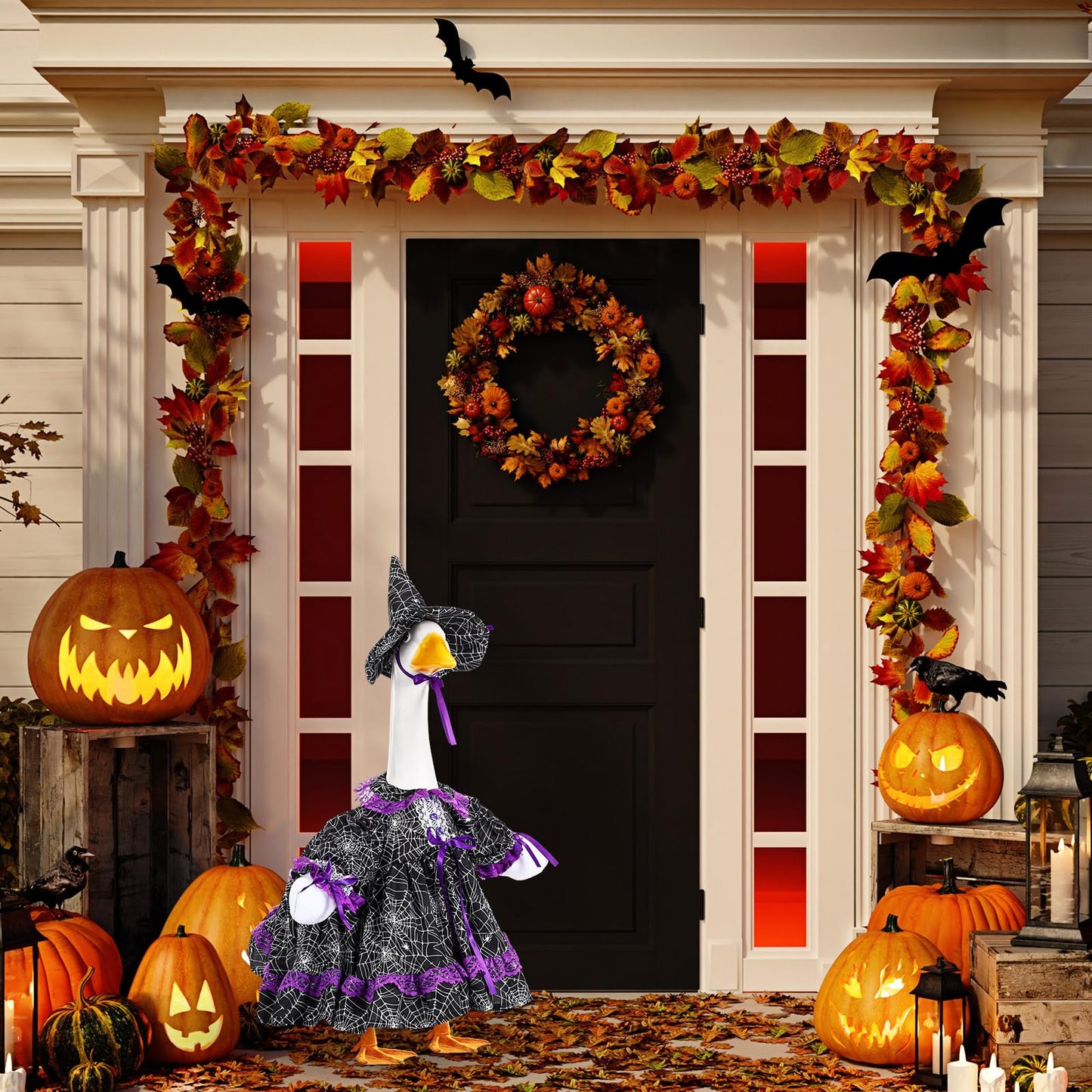 SilTriangle Halloween Witch Goose Outfit Set for 23'' Plastic Lawn Porch Goose Statue Clothes Witch Fancy Dress with Pumpkin Basket Halloween Costume for Outdoor Patio Yard Lawn Art Decor