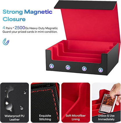 UAONO Trading Card Storage Box, Holds 1800 Sleeved Cards with 10 Dividers & 3 Stoppers, Magnetic Closure PU Leather Card Case for MTG, PTCG, YGO, Sports Cards (Black&red)