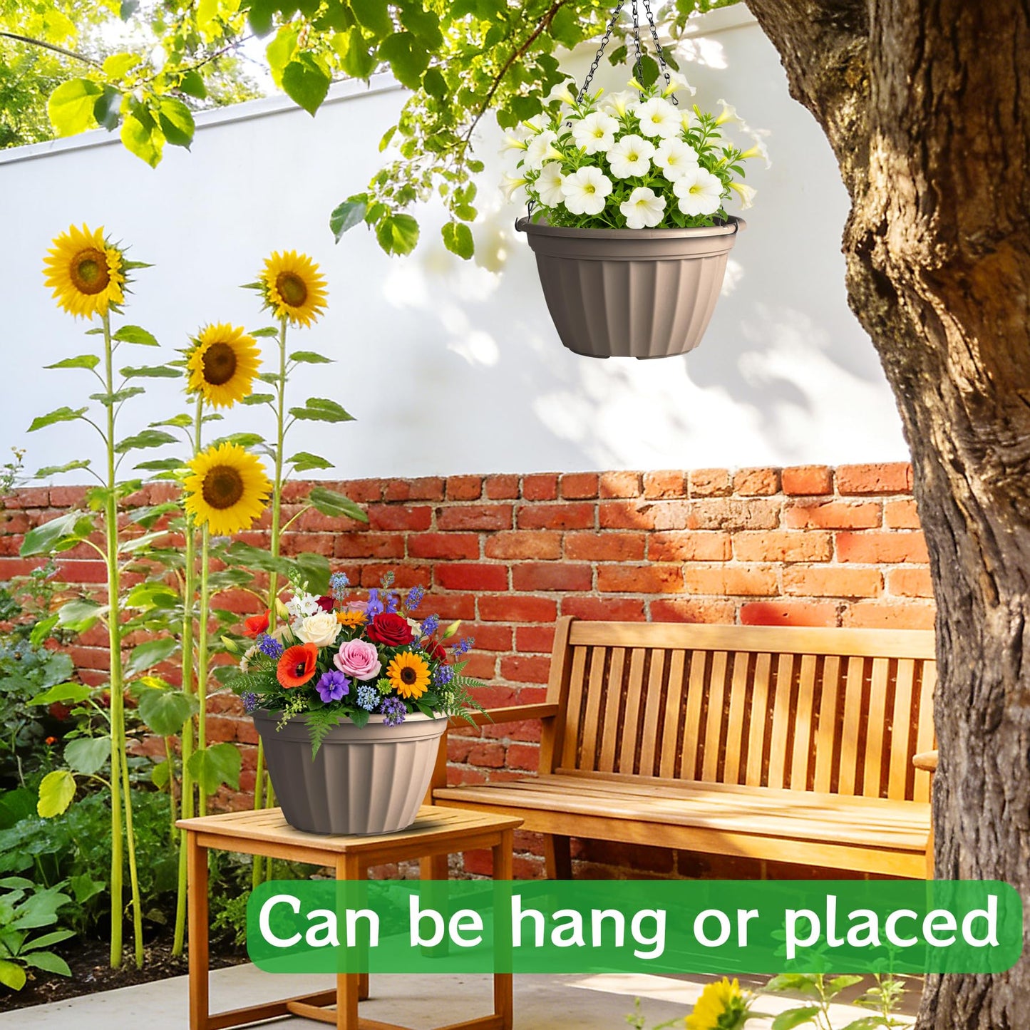 FGstyle 6 Pack Hanging Planters 8 Inch, Self Watering Pots for Indoor Plants, Plastic Hanging Basket with Soil Elevator and 20" Chain for Home Garden Porch Balcony Patio Decor (Beige)