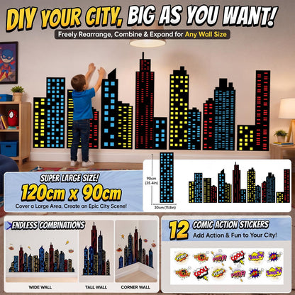 Crtiin 19 Pcs Large Hero Theme City Skyline Wall Decal 12 Comic Words and 7 Large Cityscape Wall Decal Art New York Skyline Hero for Birthday Classroom Backdrop Back to School Hallway Blackboard
