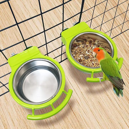 BNOSDM 2 PCS Stainless Steel Bird Bowls Bird Feeding Dish Water Cups Perch Stand Hanging Parakeet Food Container Food and Water Bowls with Spoon for Budgie Cockatoo Finch Lovebirds (Green)