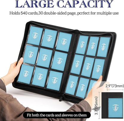 Trading Card Binder, 9 Side Loading Pocket Card Album Hold Up to 540 Cards, Zipper Binder for Cards Collection, TCG Card Holder for Game Card, Sports Card, Yugioh, MTG etc. (Blue)