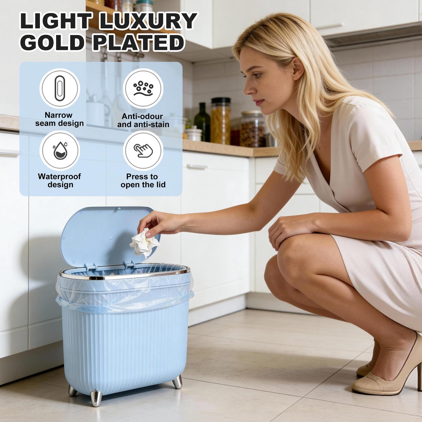 Supteron Bathroom Trash Can with Lid 3.1 Gallon Narrow Trash Can Small Plastic Trash Bin 12 Liter Rectangular Plastic Garbage Can with Press Type Lid for Bedroom Bathroom