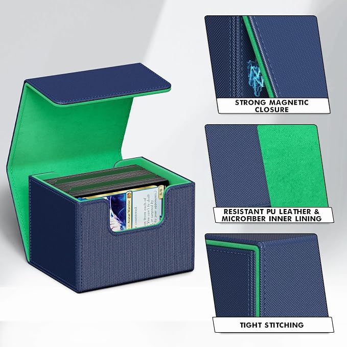 ZLCA Card Deck Box for Trading Cards, MTG Commander Deck Box Holds 120+ Single Sleeved Cards, Leather Magnetic Card Storage Box Fits for TCG CCG Magic Cards (Blue&Green)