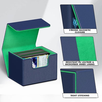 ZLCA Card Deck Box for Trading Cards, MTG Commander Deck Box Holds 120+ Single Sleeved Cards, Leather Magnetic Card Storage Box Fits for TCG CCG Magic Cards (Blue&Green)