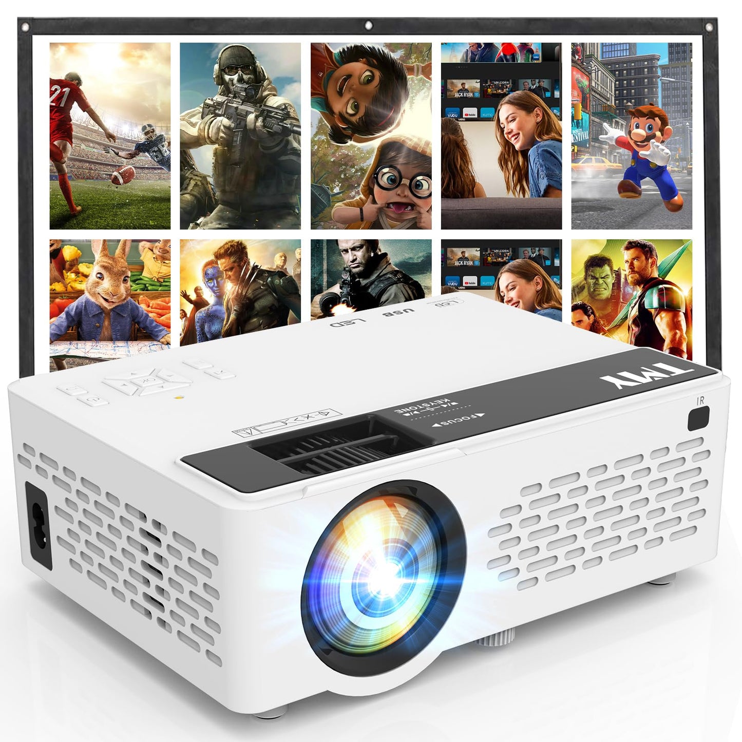 TMY 1080P Full HD Portable Mini Projector, Bluetooth Movie Projector, Compatible with TV Stick/Smartphone/PC/Game Console/HDMI/USB, Indoor & Outdoor Use, with Projector Screen