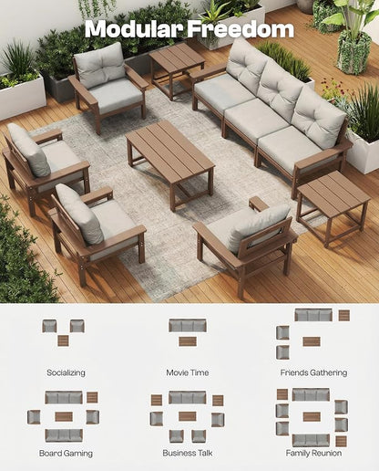 HDPE Outdoor Patio Furniture Set, 10-Piece Patio Conversation Set with 3-Seat Sofa, 4 Armchairs, 2 Side Tables & 1 Coffee Table, All-Weather Outdoor Sofa Set for Deck, Porch, Garden (Teak Frame)