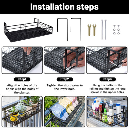 ZZBIQS Metal Planter Flower Pot Holder Railing Shelf, Iron Balcony Planters Railing Hanging Bucket Pot Flower Holder with Hooks for Outdoor Garden Porch Patio(Black, 23.6 x 7.8 x 4.7 Inch)