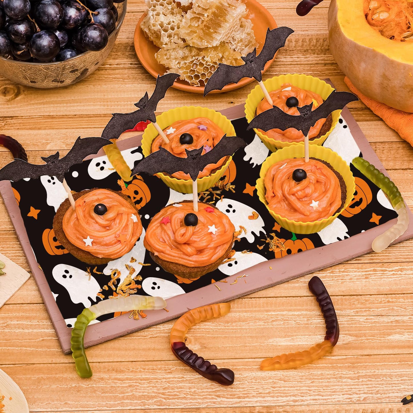 JarThenaAMCS 150Pcs Halloween Wax Paper Pumpkin Boo Ghost Deli Paper Black Sandwich Wrap Paper Tissue Waterproof Oil-Proof Picnic Liners for Party Kitchen Supplies, 9.8 x 8.3 Inch