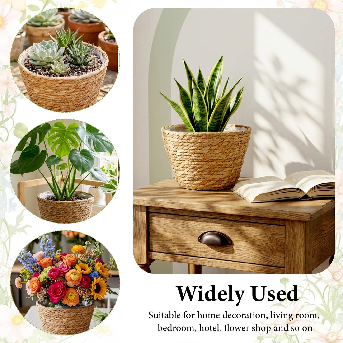 Leooomap 2 Pack Straw Woven Plant Basket with Plastic Liner, Natural Rattan Flower Pot Cover for Indoor Potted Plants, Farmhouse Boho Home Floor Decor - 9.04x9.04x6.48 Inches