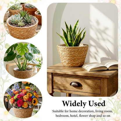 Leooomap 2 Pack Straw Woven Plant Basket with Plastic Liner, Natural Rattan Flower Pot Cover for Indoor Potted Plants, Farmhouse Boho Home Floor Decor - 9.04x9.04x6.48 Inches