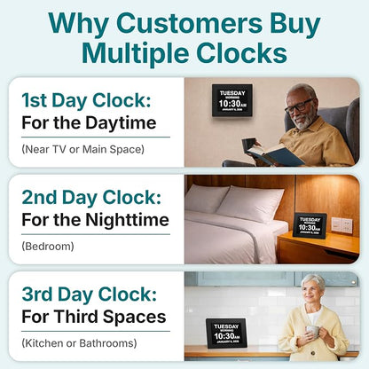 American Lifetime Dementia Clock - Large Digital Clock for Seniors, Custom Alarms, Day & Date Display, Black, 15 Inches