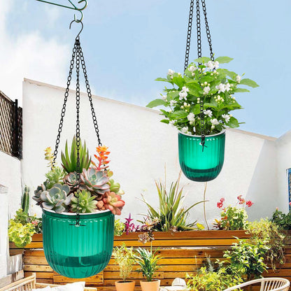 Boocalny 4Pcs Self Watering Hanging Planter, 6.5'' 4.5'' Hanging Plant Pots with Drainage Holes,Plastic Hanging Plant Flower Pots Baskets,Visible Hanging Planters for Indoor Plant Garden Home(Emerald)