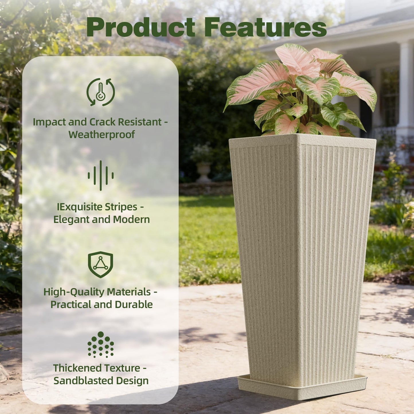 Trygoal Square Tall Planters for Outdoor Plants Set of 2-23.6" Heavy-Duty Classic Tapered Indoor Flower Pots with Drainage Holes/Partition/Tray, Large Outdoor Planters for Porch Patio, Beige Cream