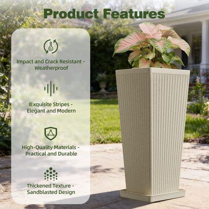 Trygoal Square Tall Planters for Outdoor Plants Set of 2-23.6" Heavy-Duty Classic Tapered Indoor Flower Pots with Drainage Holes/Partition/Tray, Large Outdoor Planters for Porch Patio, Beige Cream