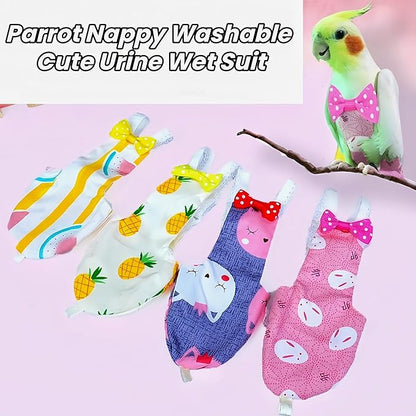 2Pcs Bird Diapers Bird Harness Flight Suits Diapers with 80 Inch Flying Leash Parrot Nappy Washable Cute Urine Wet Suit for Cockatiel Conure Macaw Budgies Parakeet-Kitten&Watermelon,S
