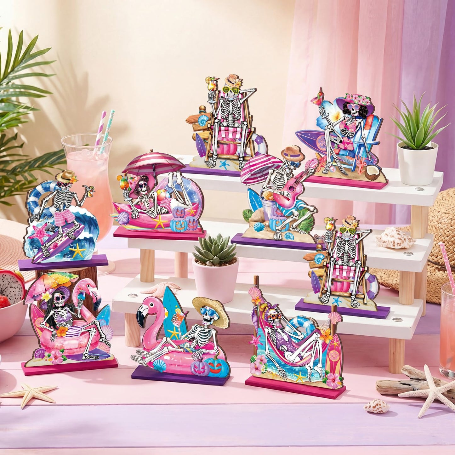 Amyhill 8 Pcs Summer Halloween Wooden Skeleton Table Decorations Summer Halloween Party Decorations Spooky Beach Skeleton Flamingo Centerpieces for Table Skull Tabletop Signs for Hawaiian Home Office