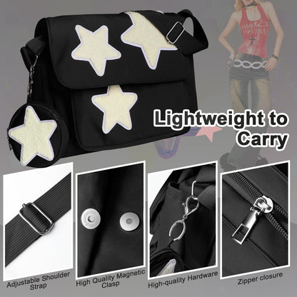 GUSTANO Y2K Messenger Bag for Women, Lightweight Spacious Stars Tote Purse with Cute Coin Purse, Crossbody Bag Shoulder Everyday Bag with Multi Pockets, Chic and Functional (Black)