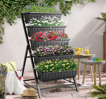 SEJOV 4FT Vertical Raised Garden Bed, 5 Tiers Elevated Planter Box for Herbs Vegetables Flowers, Graden Vertical Planter with Drainage System for Patio Balcony Garden Outdoor Indoor Plants (Black)