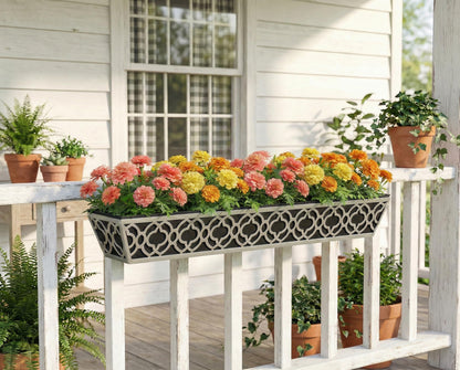 Y&M 4Pcs 36'' Railing Planter Box Set with Adjustable Brackets, Large Hanging Window Boxes for Fence, Deck, Balcony, and Garden, Gray Metal Frame with Black Nonwoven Fabric Liner