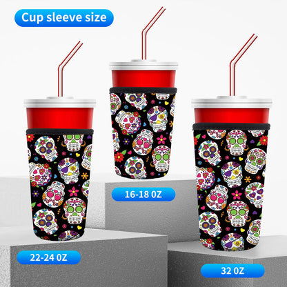 AUEKLLW 3 Pack Reusable Neoprene Insulator Sleeve for Iced Coffee Cups, Funny Coffee Cup Sleeves for 16-32oz Coffee cups, Cute Drink Sleeve for Cold Hot Beverages Cute Floral Skull