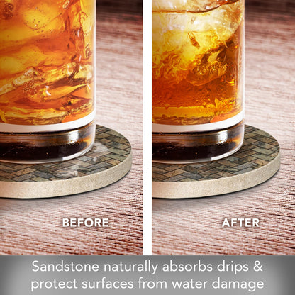 Thirstystone Stone Herringbone Pattern Natural Sandstone Coaster 4 Pack Eco-Friendly, Absorbent, Easily Wipes Clean