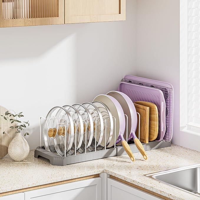 MUDEELA Pots and Pans Organizer under Cabinet, Expandable Rack with Pot Lid Holder and 12 Adjustable Dividers, Pan Organizers inside Cabinet for Kitchen Organization, Cutting Boards, Baking Sheets