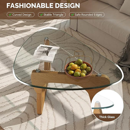 Modern Glass Coffee Table, Triangle Center Table with Tempered Glass Top& Unique Wooden Base, 31.5” Mid Century Tea Tables for Living Room, Apartment, Office,Wood &Transparent